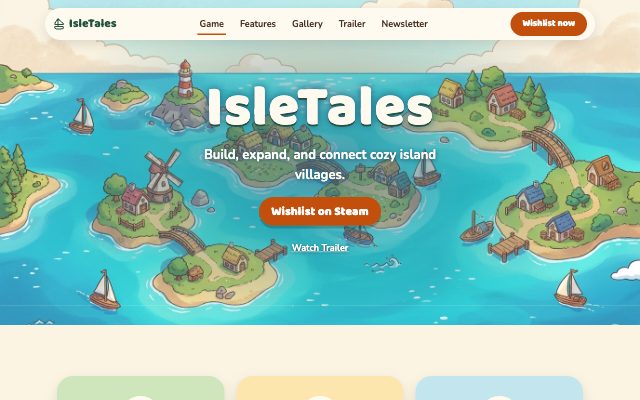 A one-page website for the game IsleTales, built to follow the reference mockup's layout, sections, type and cozy…
