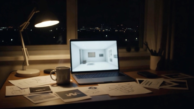 A designer's desk late at night: a laptop screen glows with a softly lit 3D room preview, a desk lamp, a ceramic mug…