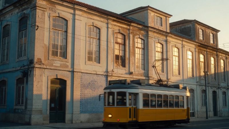 Exterior of an old industrial print works in Lisbon at golden hour: tall arched steel windows, weathered pastel plaster, a…