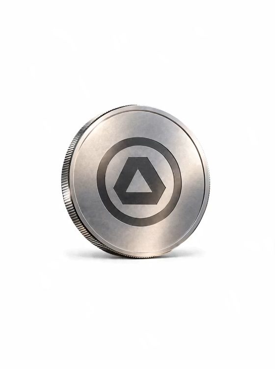 Use image 1 only as a guide to the motion: a silver coin spinning and flipping in mid-air with a soft motion trail, on a…