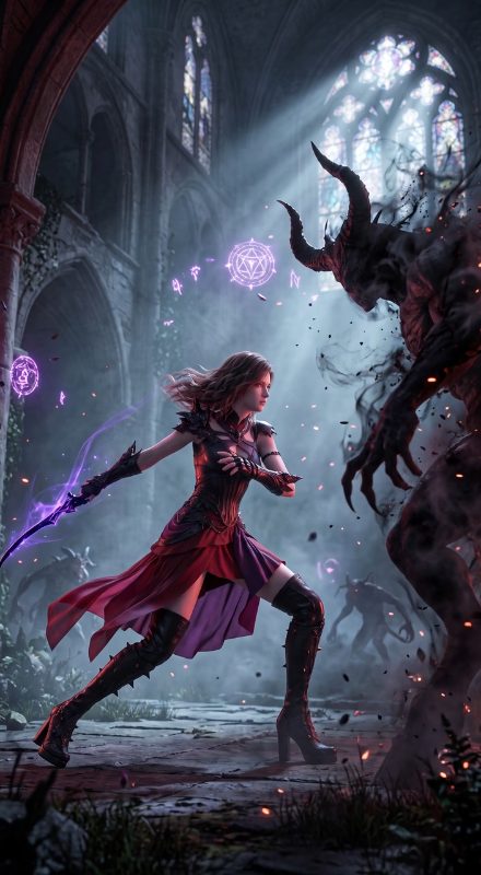 Starting from the reference image, the red-clad heroine in the lunging stance sweeps her glowing purple blade in a fast…