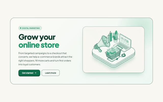 Create a self-contained HTML hero banner component for a digital marketing and e-commerce growth service. Use the reference…