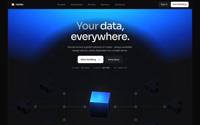 Recreate the Nodex website shown in the reference image as a single self-contained HTML page, matching its layout, spacing…