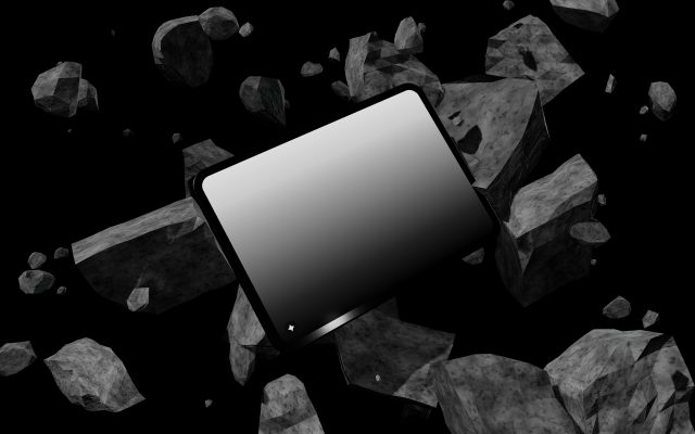 Build a full-screen Three.js scene that recreates the reference image: a black void with a tilted tablet (thin dark bezel…