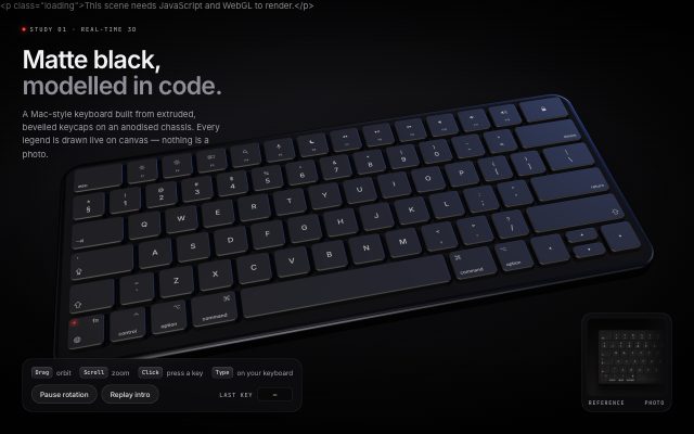 Build a self-contained Three.js scene of the dark matte-black Mac-style keyboard shown in the reference image, modelled…