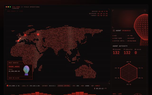 Build a single self-contained HTML page that recreates the dashboard in the reference image, a dark red-on-black spy-agency…